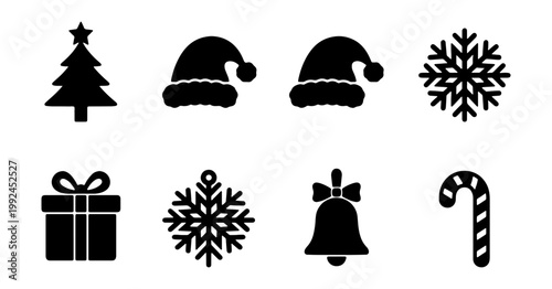 Set of christmas icons including tree, santa hat, snowflake, gift box, bell, and candy cane