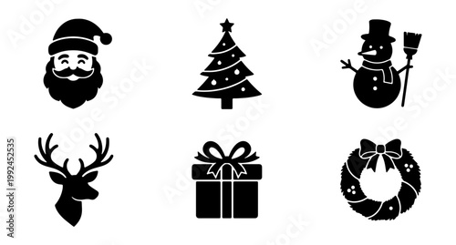 Set of christmas icons including santa claus, christmas tree, snowman, reindeer, gift box and wreath