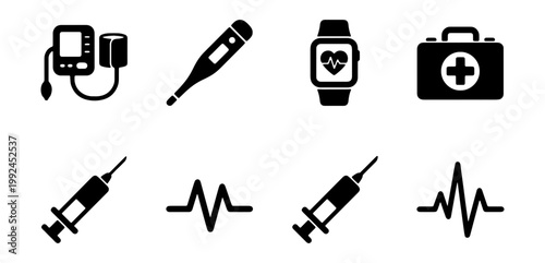 Set of medical and healthcare icons including blood pressure monitor, thermometer, smartwatch, first aid kit, syringe, and heartbeat pulse line