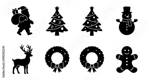 Set of christmas icons, silhouettes of santa claus, christmas trees, snowman, reindeer, wreath and gingerbread man