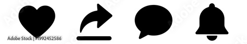 Set of social media icons including heart, share, comment, and notification bell