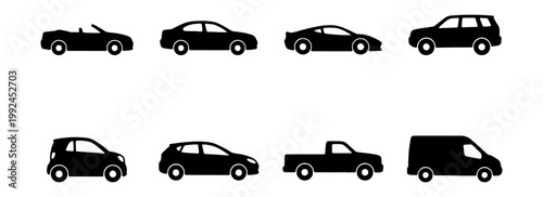 Set of various car body types icons, including sedan, convertible, suv, pickup truck, and van silhouettes