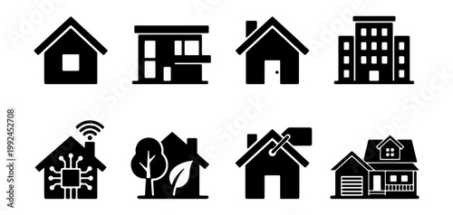 Set of house and building icons, real estate and smart home symbols