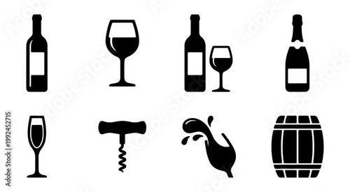 Set of wine icons, including wine bottle, wine glass, champagne, corkscrew, wine splash and wooden barrel