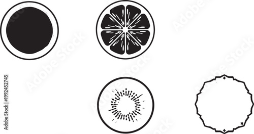 Monochromatic graphic elements: a solid circle, a stylized orange slice, a kiwi slice, and an ornate circular frame. Black and white vector icons.