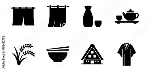 Set of japanese culture icons including noren curtains, sake, tea set, rice, ramen bowl, gasshozukuri house and kimono