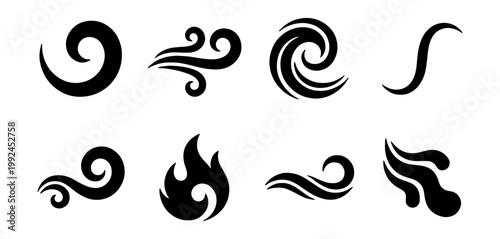 Set of abstract wind and fire icons, stylized air flow and flame symbols
