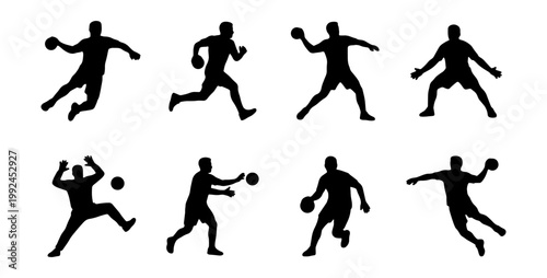 Set of handball player silhouettes in various action poses