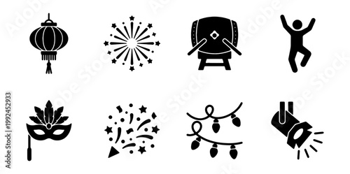 Set of celebration and party icons, including lantern, fireworks, drum, dancing person, masquerade mask, confetti, string lights, and spotlight