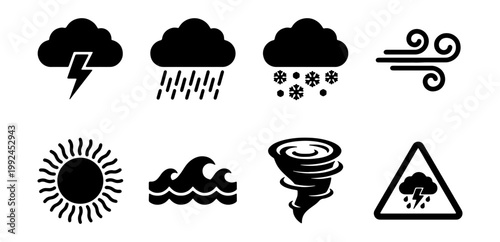 Set of weather icons including sun, rain, snow, storm, wind, tornado and waves