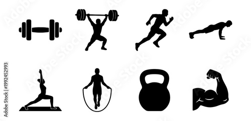 Set of fitness and gym icons, including weightlifting, running, yoga, pushups, jump rope, kettlebell, and muscular arm silhouette