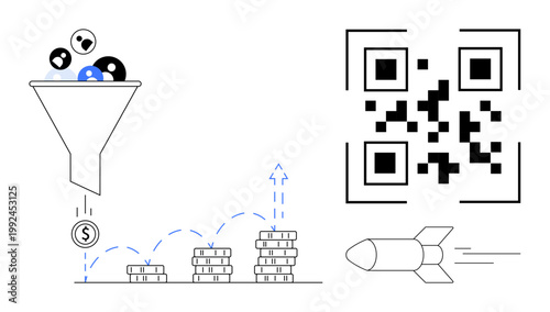 Marketing, entrepreneurship, digital tools, sales growth, financial strategy, innovation. Funnel filtering leads to money, QR code and growth trajectories. Marketing and entrepreneurship ideas