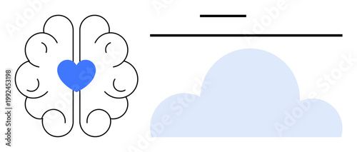 Emotional intelligence, mental well-being, mindfulness, heart-brain connection, cloud technology, symbolic thinking. Brain outline with blue heart and cloud illustration. Emotional intelligence