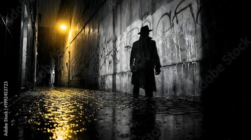 A lone figure in a trench coat and fedora walks down a dark, rainy alleyway.