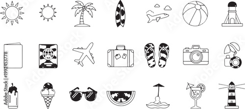 Vector Icons Collection: Summer Beach Vacation and Travel Essentials, Simple Line Art Graphics