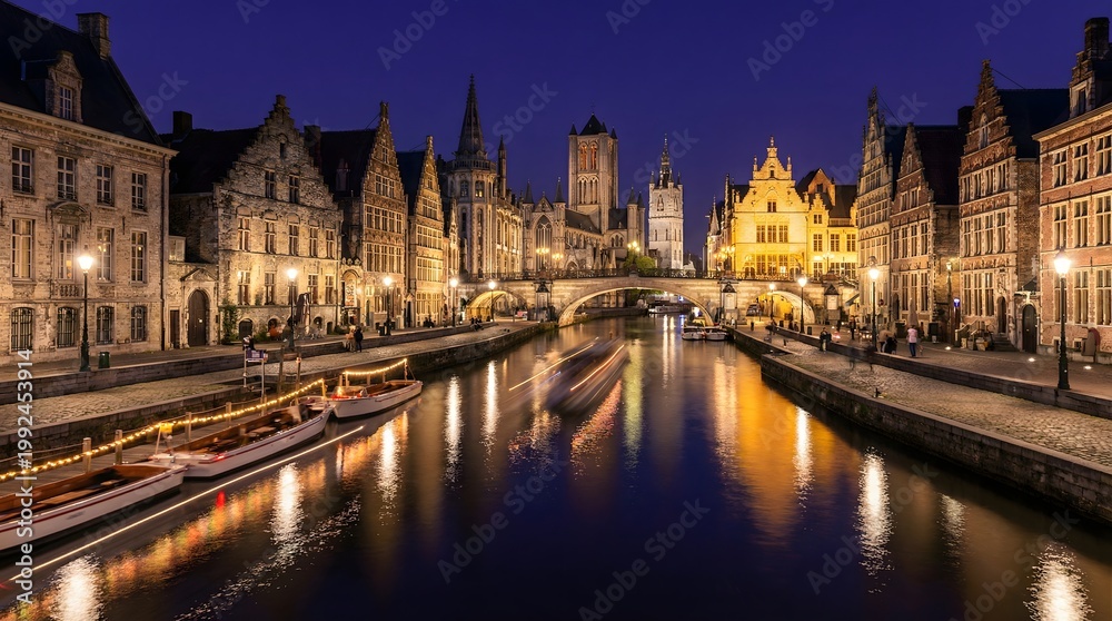 Fototapeta premium Historic buildings line a tranquil canal in Ghent, Belgium, under a twilight sky.