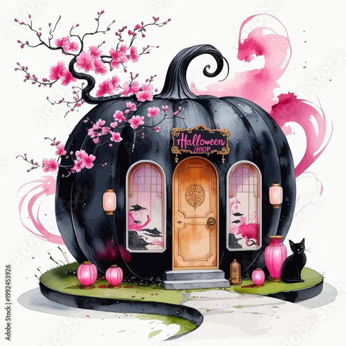 Gothic Watercolor Halloween Shop in a Black Pumpkin with Pink Cherry Blossoms, Black Cat, and Ethereal Smoke for Moody Scrapbooking