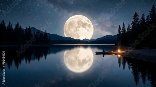 A kayaker enjoys a peaceful night on a serene lake under a giant full moon.
