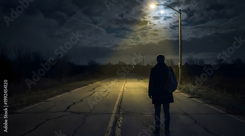 A person walks down a cracked, illuminated road beneath a moonlit sky.