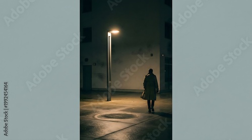 A figure walks away from a streetlamp on a dark, wet urban street at night.