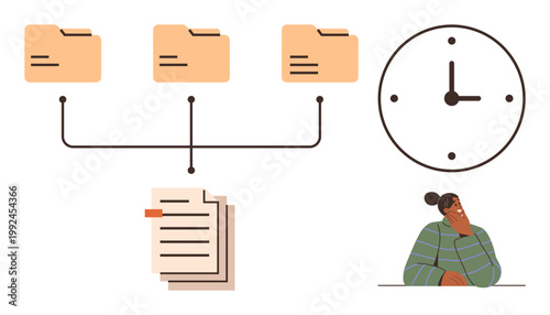 Time management, file organization, workflow planning, task scheduling, decision-making, productivity. Linked folders connect to documents and a clock beside a thoughtful woman. Time management