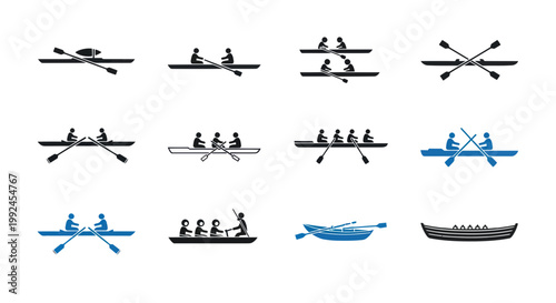 Rowing Boat Icons Set: Singles, Doubles, Quads, Eights, Canoes, Kayaks