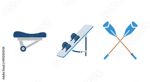 Sports Equipment Icons: Rowing Oars, Snowboard Bindings, and Massage Table