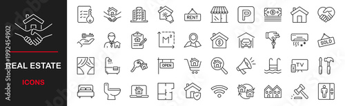 Real Estate web icons set. Real Estate - simple thin line icons collection. Containing property, buying, mortgage, home loan, house, renting and more. Simple web icons set