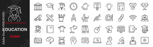 Education and Learning web icons set. Back to school - simple thin line icons collection. Containing school, success, university, textbook, learning, academic subjects and more. Simple web icons set