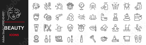 Beauty web icons set. Cosmetology and dermatology - simple thin line icons collection. Containing cream bottle, lipstick, makeup brush, care skin, face mask and more. Simple web icons set