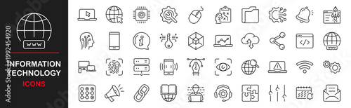 Information Technology web icons set. IT - simple thin line icons collection. Containing technology progress, website, Internet, data, programming and more. Simple web icons set
