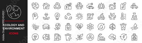 Ecology and environment line icons set. Environment, sustainability, nature, recycle, renewable energy, eco-friendly, forest, wind power, green symbol and more. Set of eco related line icons