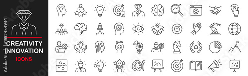 Creativity innovation web icons set. Creativity idea - simple thin line icons collection. Containing creative solutions, management, solution, brainstorming, invention and more. Simple web icons set