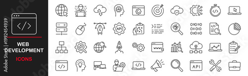 Web development icons set. Web Design and Development - simple thin line icons collection. Containing code, programmer, coding, bug fix and more. Simple web icons set