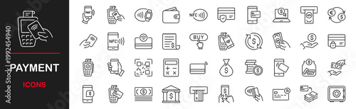 Payment. Linear icon set. Payment options. Payment vector icons. Outline payment method symbols. Money transfer. Banking, credit card, cash and transaction symbol. Vector illustration