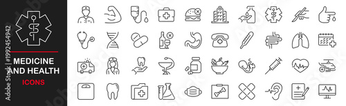 Medicine and health. Line icons set. Medical icons set. Medicine, check up, doctor, dentistry, lab, health and more. Linear icon collection. Vector illustration