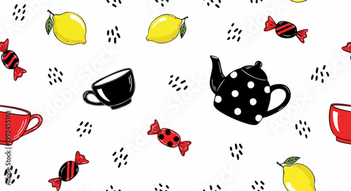 Hand-drawn seamless pattern with tea party elements, whimsical teapot and teacup vector background, lemons and candy sweets illustration for kitchen decor