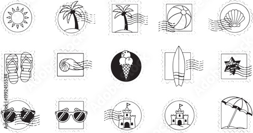Vintage Postage Stamp Icons: Summer Holiday Themes and Beach Scenes, Vector Set