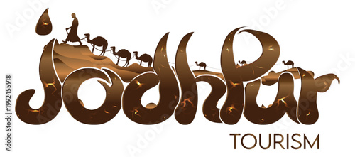 Rajasthan Tourism Typography with Camel Caravan Silhouette – Jodhpur Desert Travel India Vector Illustration