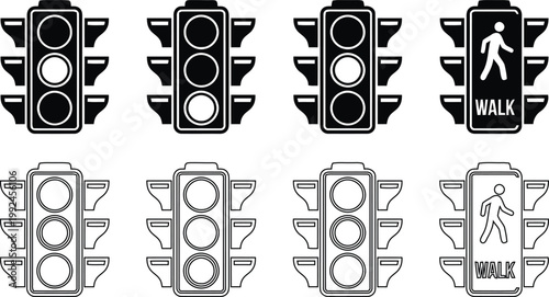 Traffic light silhouette set pedestrian signals and vehicle lights in black and white