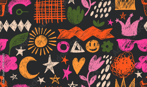 Seamless pattern hand drawn charcoal doodle shapes, squiggles in childish girly style. Kid pencil colorful drawings. Vector flower, heart, grid doodle, crown, glasses, ice cream, stars, collage.