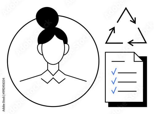 Sustainability, task prioritization, teamwork, eco awareness, organization, accountability. Portrait of a woman, checklist and recycling symbol. Sustainability and task prioritization highlighted