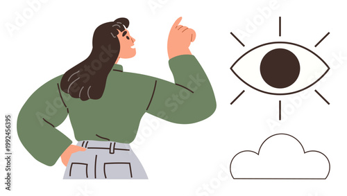 Vision, awareness, creativity, ideas, insight, motivation. Woman pointing upward with an eye surrounded by lines and a cloud. Vision and awareness as illustrative concepts