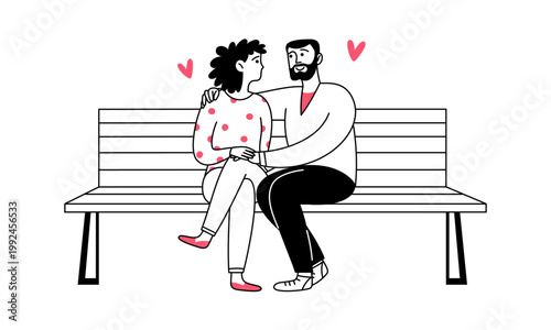Doodle people. A loving couple sitting on a bench. Romantic atmosphere. Vector linear illustration
