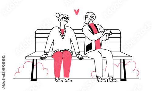 Doodle senior people. An elderly couple in love sitting on a bench and looking at each other. Romantic atmosphere. Vector linear illustration