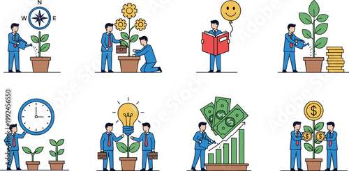 Business growth concept illustration set with teamwork, finance success, time management, investment profit, strategy planning, and startup development flat vector icons collection