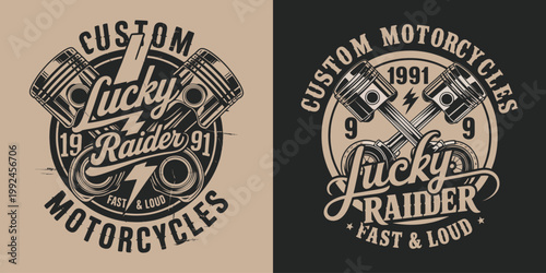 Custom lucky raider motorcycles vintage piston emblem.