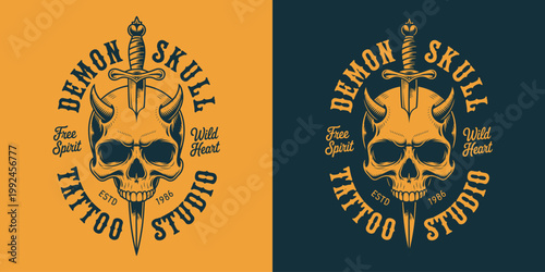 Demon skull tattoo studio emblem with dagger and vintage typography.
