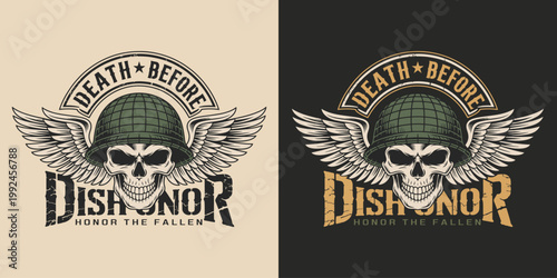 Skull in army helmet with wings for death before dishonor military.