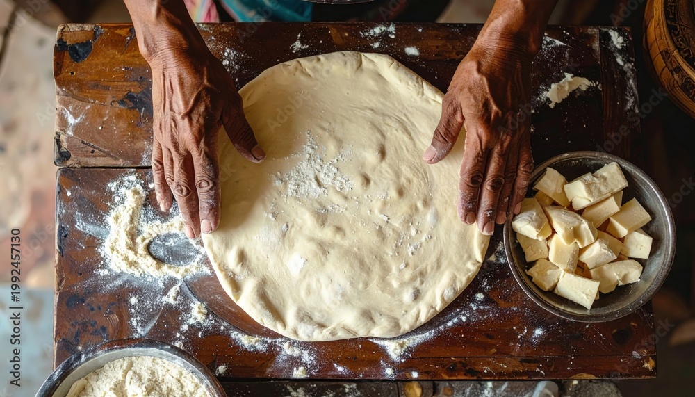 Fototapeta premium Preparing Dough for Delicious Khachapuri - A Culinary Delight.